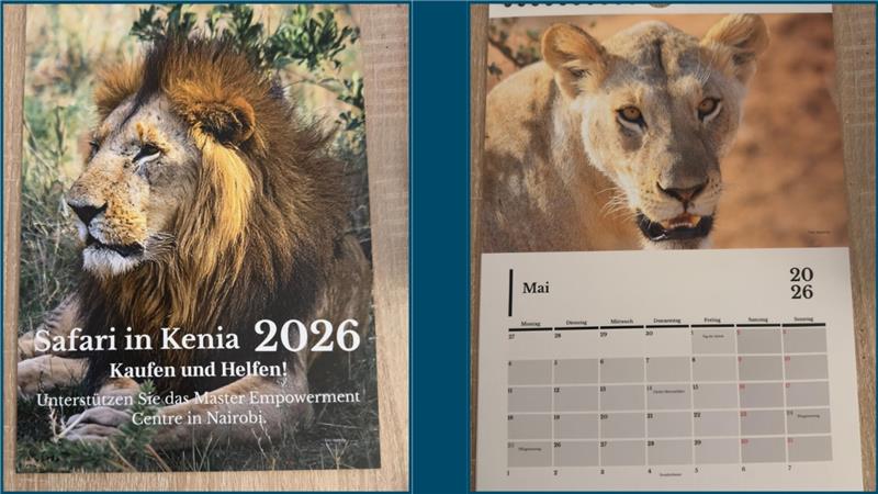 Das Bild zeigt einen Kalender - das Motiv auf der Vorderseite ist ein männlicher Löwe und auf der Mai-Seite ist ein weiblicher Löwe.