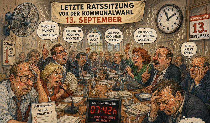 Karikatur einer hitzigen Ratsversammlung mit vielen diskutierenden Personen, einem Ventilator, einer Uhr, einem Banner mit dem Text 'LETZTE RATSSITZUNG VOR DER KOMMUNALWAHL 13. SEPTEMBER' und einem Schild mit der Aufschrift 'TAGESORDNUNG: ALLES WICHTIG!'