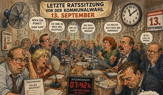 Karikatur einer hitzigen Ratsversammlung mit vielen diskutierenden Personen, einem Ventilator, einer Uhr, einem Banner mit dem Text 'LETZTE RATSSITZUNG VOR DER KOMMUNALWAHL 13. SEPTEMBER' und einem Schild mit der Aufschrift 'TAGESORDNUNG: ALLES WICHTIG!'