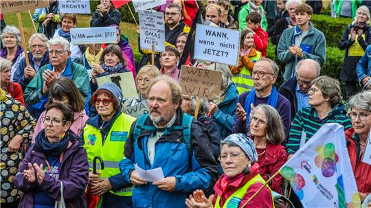 Etwa 110 Menschen demonstrieren zuletzt mit Plakaten und Fahnen gegen das „Harzburger Treffen“ der AfD im Schloss.