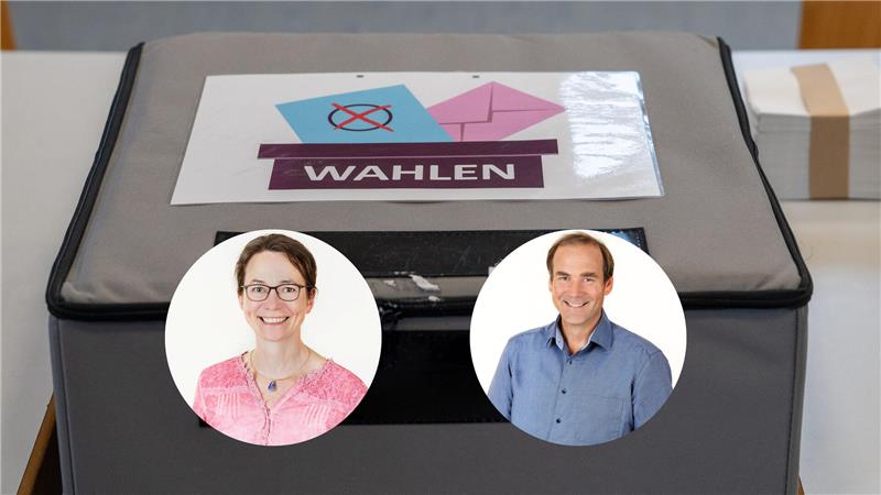 Eva und Boris Peinemann, im Hintergrund eine Wahlurne.