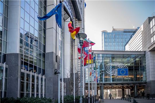 Fahnen wehen vor dem Sitz des Europäischen Parlaments in Brüssel.