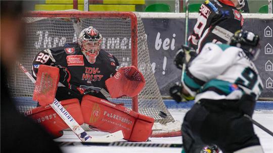 Falken-Goalie Taylor Dupuis schaut im Freitag-Spiel konzentriert nach einem Schuss von Harsefelds Daniel Magnusson auf den Puck. Der Kanadier bringt in beiden Partien eine starke Leistung.Foto: Drechsler