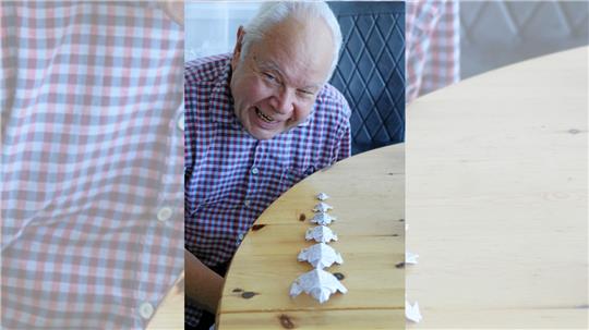 Falzkünstler Willi Hentschel mit seinen Kunstwerken: Der Origami-Meister schuf eine Karettschildkötenfamilie, blaue und goldene Miniaturelefanten und den „kleinsten Kranich der Welt“. Foto: Hartmann