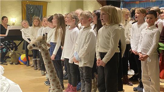 Fast 70 Chorkinder der Klassen 2, 3 und 4 gestalten den weihnachtlichen Theaterabend der Grundschule Bündheim musikalisch mit.