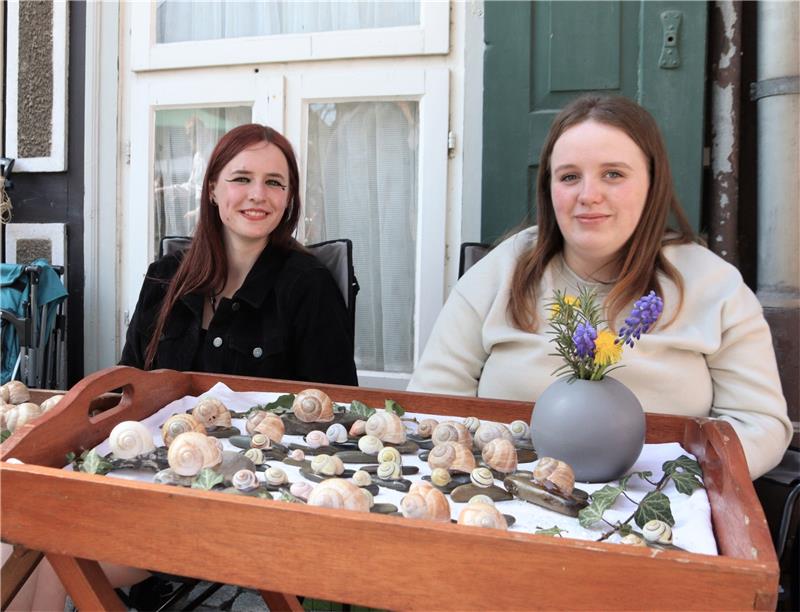 Trödelmeile wird zum Magnet für Hornburg Fenja Diecken und Nele von Rhein verkaufen selbst gesammelte Schneckenhäuschen, um die Kasse der Hornburger Löschbande aufzufüllen. Foto: Neddermeier