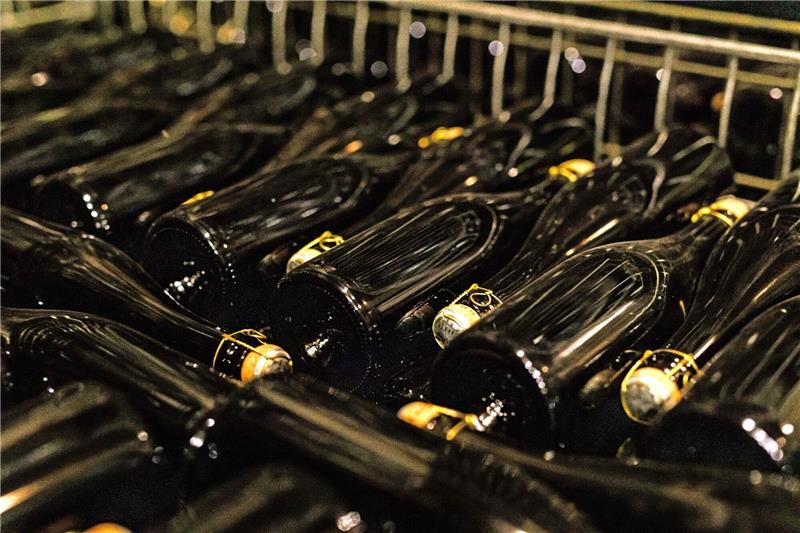 Fertig verkorkte Flaschen mit Cremant  im Keller eines Weinguts im Elsass.