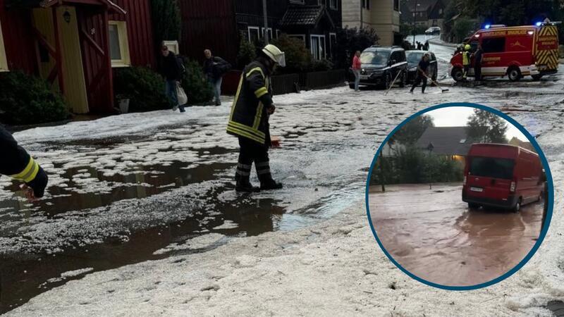 Feuerwehrleute in Braunlage kämpften am Donnerstag gegen die Hagelmassen. In Kirchberg (kleines Foto) wurden einige Keller und Garagen unter Wasser gesetzt.