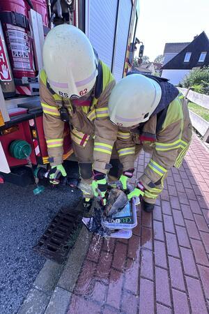 Zimmerbrand in Bündheim: Feuerwehr rettet Hund und Herrchen Feuerwehrleute löschen die Kiste, die in Brand geraten war.