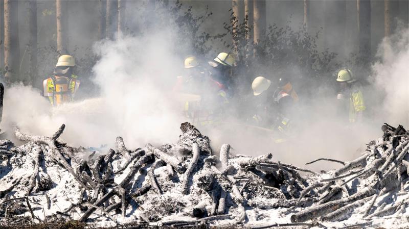 Feuerwehrleute löschen einen Böschungsbrand zwischen Sauerlach und Hofolding in der Nähe der Autobahn A8.