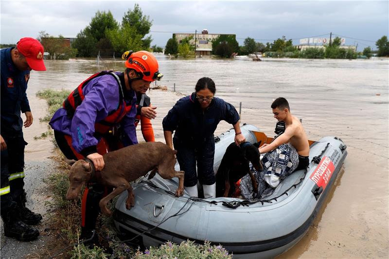 Entspannung nach Hochwasser in Bulgarien Feuerwehrleute mit einem Schlauchboot evakuieren Menschen und ihre Hunde aus überfluteten Gebäuden.