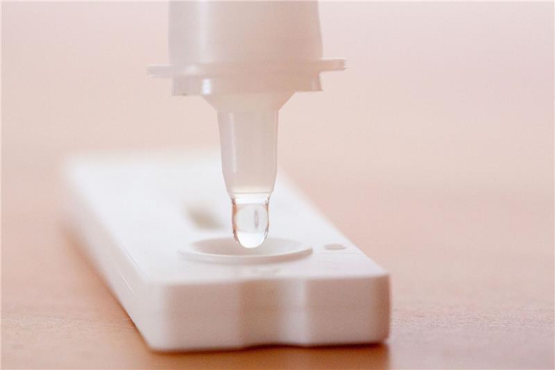 Zahl der Corona-Neuinfektionen abermals gesunken Flüssigkeit wird auf einen Antigen-Schnelltest gegeben.
