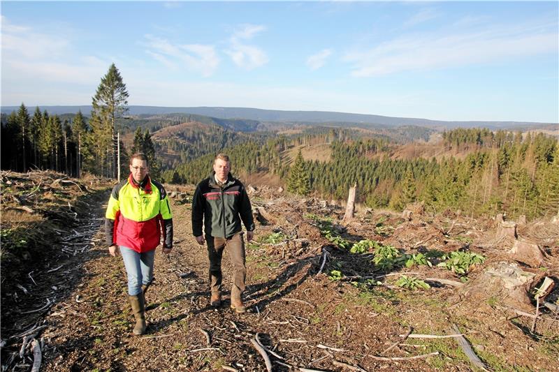 Forstamtsleiter Stefan Fenner (links) begutachtet mit dem neuen Revierförster St. Andreasbergs, Tobias Rauhut, die Schäden durch den Borkenkäfer am Eschenberg und der Umgebung, in der etliche Hektar Wald wegen des Schädlings gefällt werden mussten. Foto: Eggers