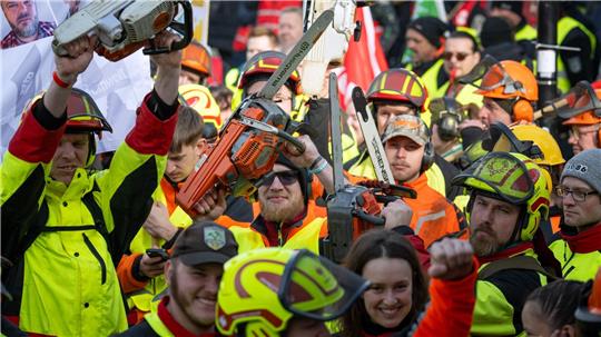 Forstarbeiter demonstrieren in Potsdam mit Kettensägen vor Beginn der dritten Runde der Tarifverhandlungen für den öffentlichen Dienst der Länder.