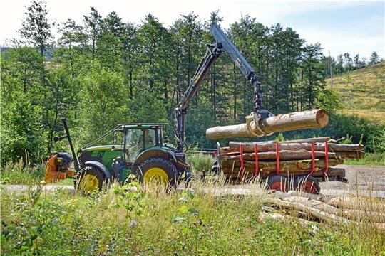 Forstunternehmer Carsten Henkel holt mit seinem Forstschlepper, der mit Kran und Greifzange ausgestattet ist, ganze Stämme an einem Waldweg ab.  Fotos: Neumann