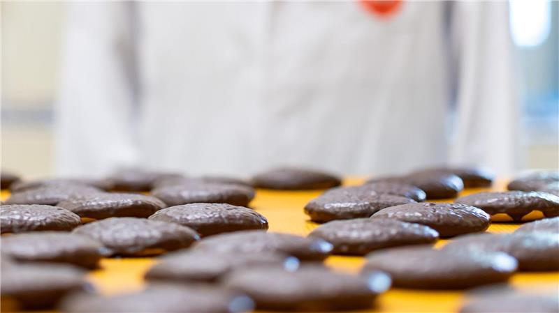Lebkuchen-Hersteller im Backstress - bald startet Verkauf Frisch gebackene Lebkuchen laufen auf einem Band in der Produktion des Lebkuchenherstellers Schmidt.