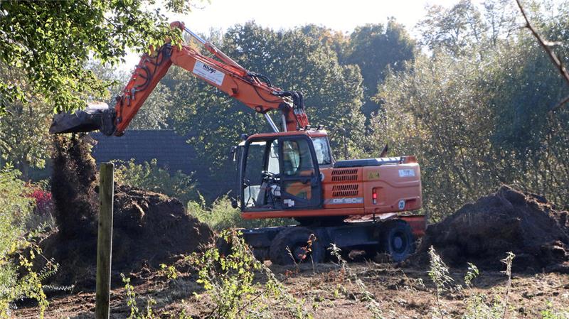 Für die Biotop-Verlegung zieht der Bagger zunächst die oberste Erdschicht samt Bewuchs ab, um sie am Rand zwischenzulagern.
