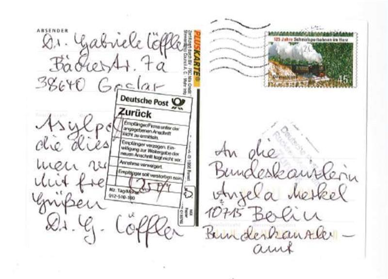 Moment mal: Wo ist Merkel? Für die Deutsche Post unzustellbar: Löffler-Postkarte aus Goslar an die Bundeskanzlerin Angela Merkel. Foto: Privat