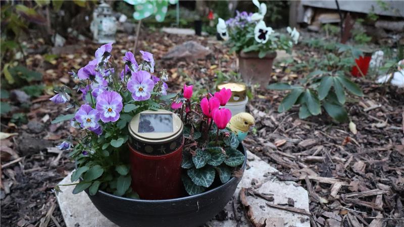 Eine Grabschale steht auf einem Beet. 