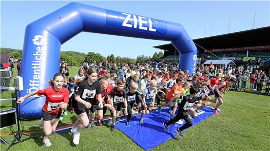 Gedränge beim Schnupperlauf über 1,5 Kilometer: Insgesamt toben sich diesmal fast 160 Kinder auf der Bad Harzburger Rennbahn aus. Fotos: Neuendorf
