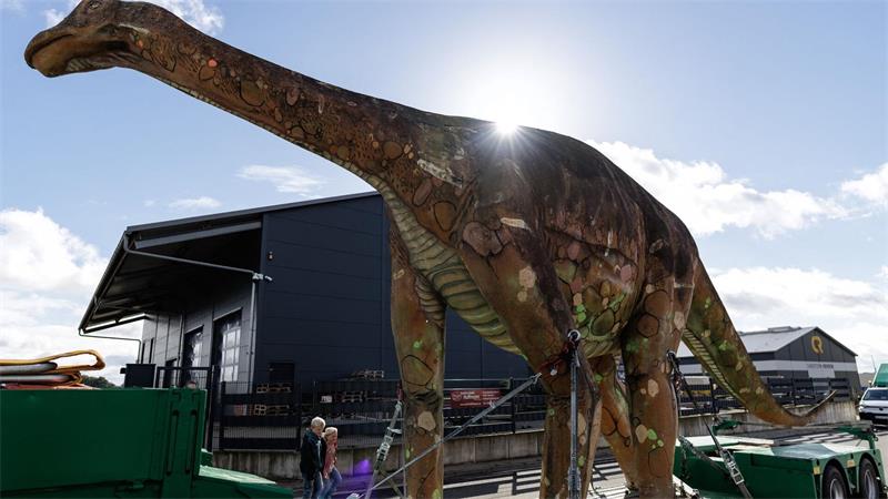 Tonnenschwere Dinosaurier-Lady zieht um Gefahren wird die Dino-Dame von Bad Essen nach Damme, dort soll sie zunächst auf dem Gelände einer Autowaschanlage stehen.
