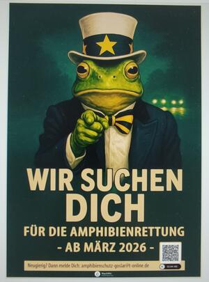Frosch mit Zylinderhut und Fliege zeigt mit ausgestrecktem Finger nach vorne vor Text 'WIR SUCHEN DICH FÜR DIE AMPHIBIENRETTUNG - AB MÄRZ 2026 -'.
