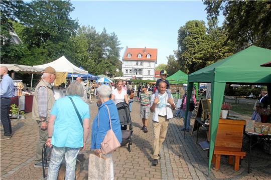 Gemütlich schlendern die Besucher über den Öko-Markt, der mit 21 Ständen ein etwas geringeres Angebot als in den Vorjahren hat.  Fotos: Eggers