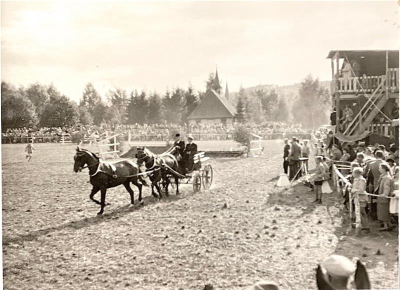 Jubiläumsturnier steigt im Park des Liebenburger Ritterguts Gespannfahren ist auch ein Teil der Turniergeschichte – hier säumen Hunderte Besucher den damaligen Turnierplatz am Liebenburger Friedhof. Foto: Archiv von Schintling-Horny