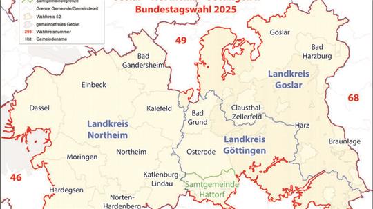 Goslar, Bad Harzburg, Braunlage und Clausthal-Zellerfeld gehören zum Wahlkreis Goslar-Northeim-Göttingen II (52).
