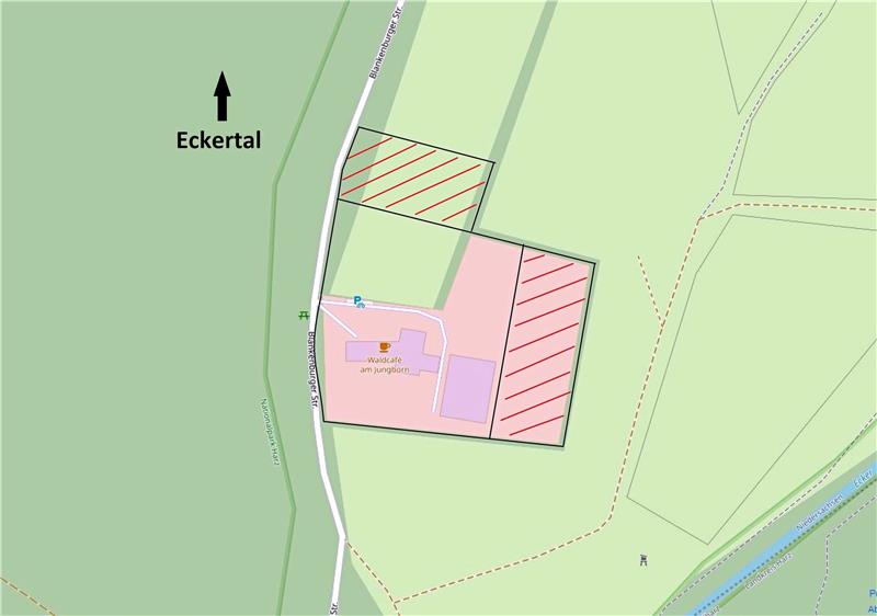 Grafik Karte Jungborn-Café Reitstall Wohnmobil Wohnwagen Stellplätze Camping Bebauungsplan Eckertal