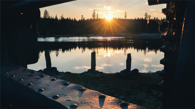 Granit-Obelisken am Oderteich im sanften Gegenlicht.
