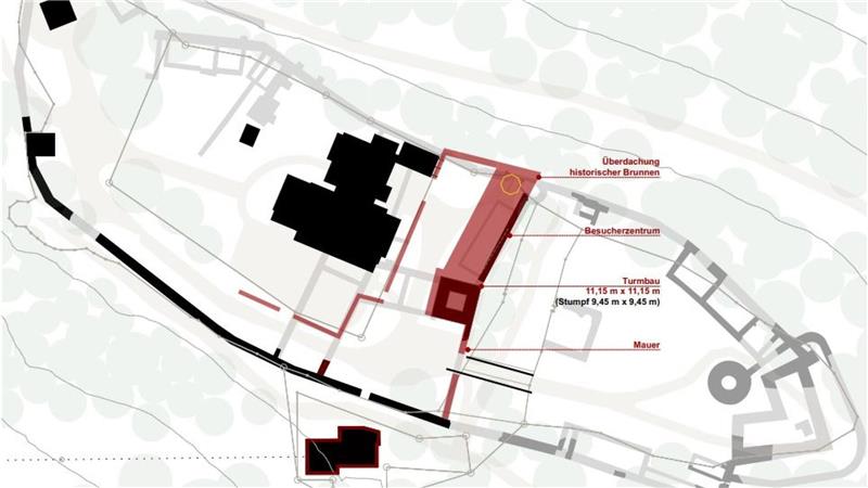 Burgberg: So soll der neue Harzburg-Turm aussehen Grau markiert der Umriss der alten Harzburg, schwarz die heute bestehenden Gebäude. Rot markiert ist der Teil, der neu entstehen, beziehungsweise wiederhergestellt werden soll.
