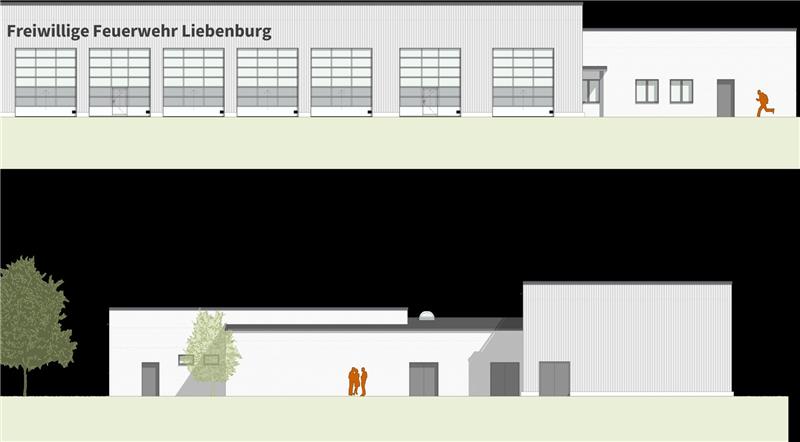 Das alles wird für die Bürger der Gemeinde Liebenburg teurer Nordost-Ansicht des künftigen Feuerwehrgerätehauses mit sieben Garagentoren, Südost-Ansicht darunter.