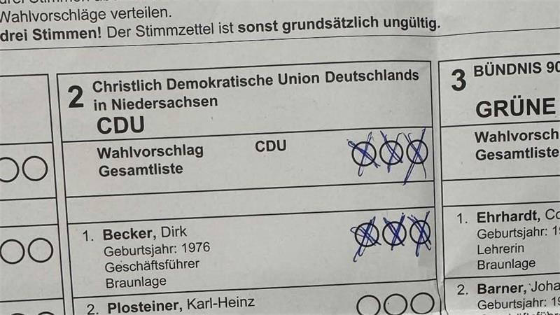 Das Foto zeigt einen Stimmzettel mit sechs Kreuzen.
