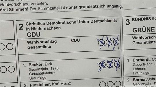 Das Foto zeigt einen Stimmzettel mit sechs Kreuzen.