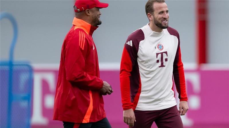 Bayern kontra Flick: Verbales Vorspiel mit Stromausfall Gut gelaunt beim Training: Trainer Vincent Kompany (l) und Torjäger Harry Kane.