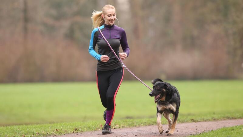 So gelingt Laufen mit Kindern und Hund Gutes Zeichen: Der Hund läuft fröhlich voraus.