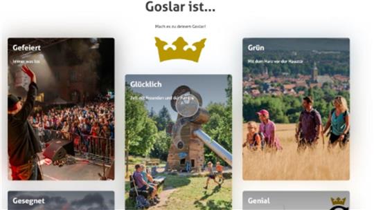 Collage aus Fotos mit Menschen bei einer Veranstaltung, Kindern an einem Spielplatz und einer Gruppe in einem Feld, jeweils mit kurzen Texten zu Goslar.