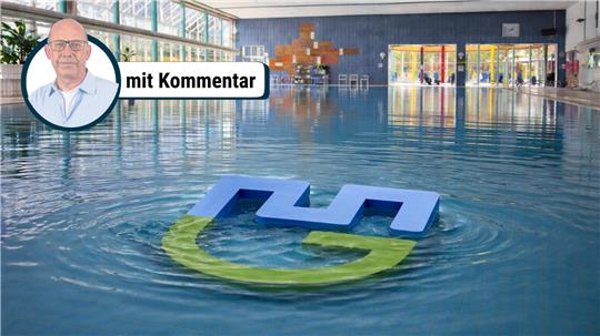 Hätte man das Geld, das für das Logo ausgegeben wurde, lieber ins Silberbornbad stecken sollen? Und geht das Logo baden? Diese beiden Fragen sind auf dem KI-generierten Bild symbolhaft dargestellt.
