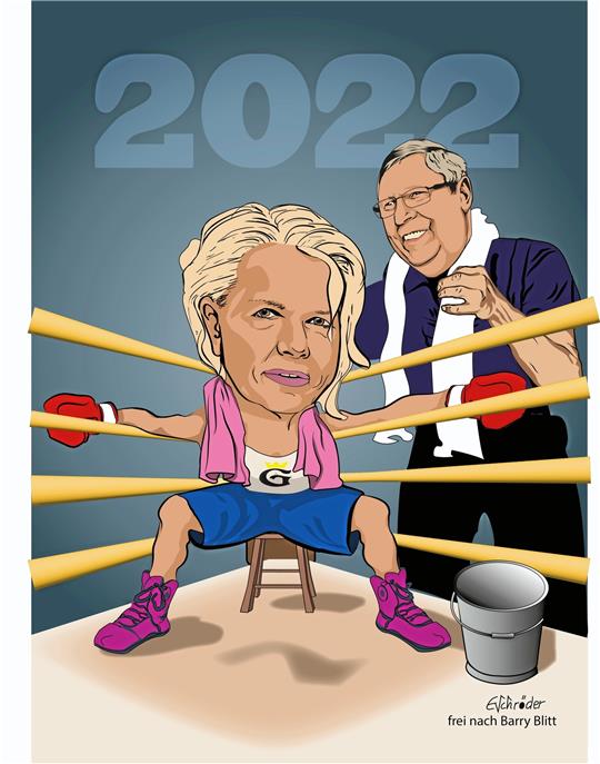 Harte Bandagen: Urte Schwerdtner und Wahlleiter Burkhard Siebert müssen 2022 viel einstecken. Karikatur: Schröder