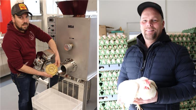 Regionale Bio-Eier: So trotzt Hof „Schieren Eichen“ den Krisen Hauke Gaus (l.) produziert Nudeln. Jan Conrad Gaus präsentiert eine seiner gut genährten Legehennen. Fotos: Neddermeier