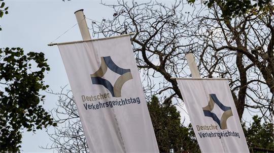 Zwei weiße Fahnen mit dem Logo und Schriftzug 'Deutscher Verkehrsgerichtstag' vor kahlen Baumzweigen