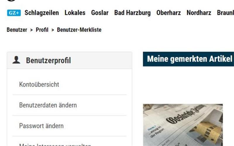 Neues Layout und neue Funktionen bei goslarsche.de Hier finden Sie Ihre gemerkten Artikel.