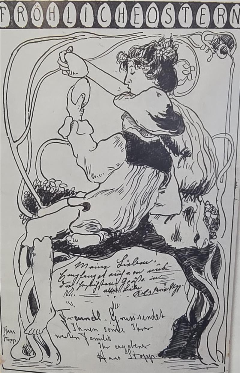 Historische Glückwunsch-Motive aus Goslar und Umgebung Schwarz-weiße Linienzeichnung einer sitzenden Frau mit Blumen im Haar, die ein Ei hält, umgeben von floralen Ornamenten und handgeschriebenem Text