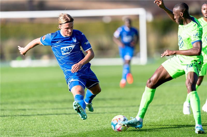 Hoffenheims Neuzugang Kasper Dolberg (l) kämpft mit Wolfsburgs Josuha Guilavogui um den Ball.