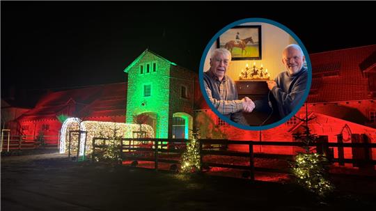 Horst Woick (l.) und Dirk Junicke vom Förderverein Historischer Burgberg vor dem Schwibbogen-Unikat, das nun einen neuen Besitzer sucht.