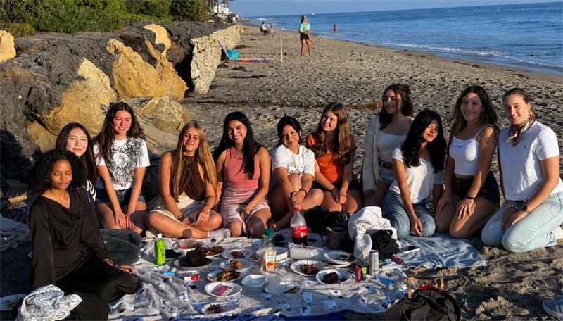Gruppe von jungen Frauen sitzt auf einer Decke am Strand mit Essen und Getränken im Vordergrund