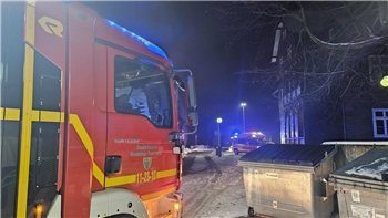 Ein Fahrzeug der Feuerwehr steht neben Mülltonnen aus Metall.