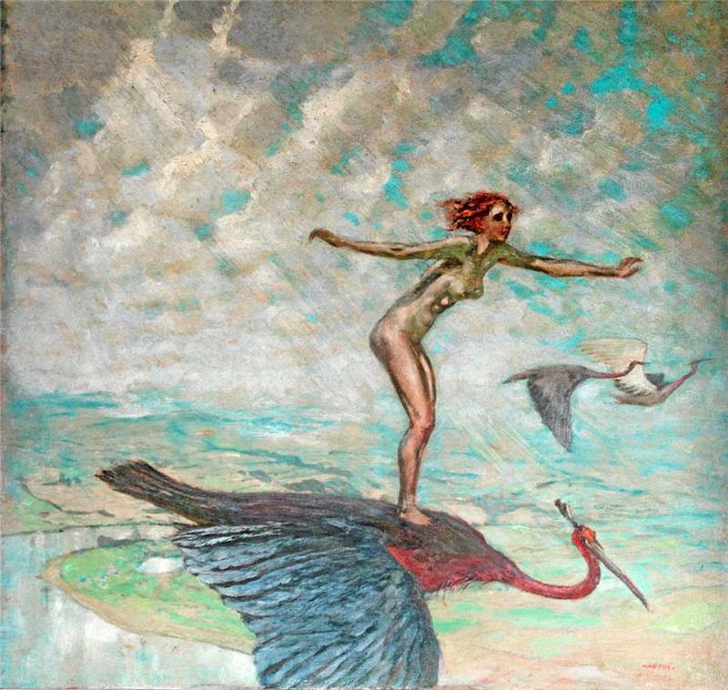 Die vergessene Welt des Malers Max Frey Im Gemälde „Wandervögel“ von 1931 balanciert eine Schönheit auf kranichartigen Vögeln, die über eine Flusslandschaft fliegen .
