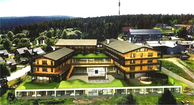 Im Juni 2021 stellt die Torfhaus Harzresort GmbH auch mithilfe dieser Illustration ihre Pläne für ein neues Hotel auf Torfhaus vor. Inzwischen haben sich neue Anforderungen ergeben. Grafik: GZ-Archiv